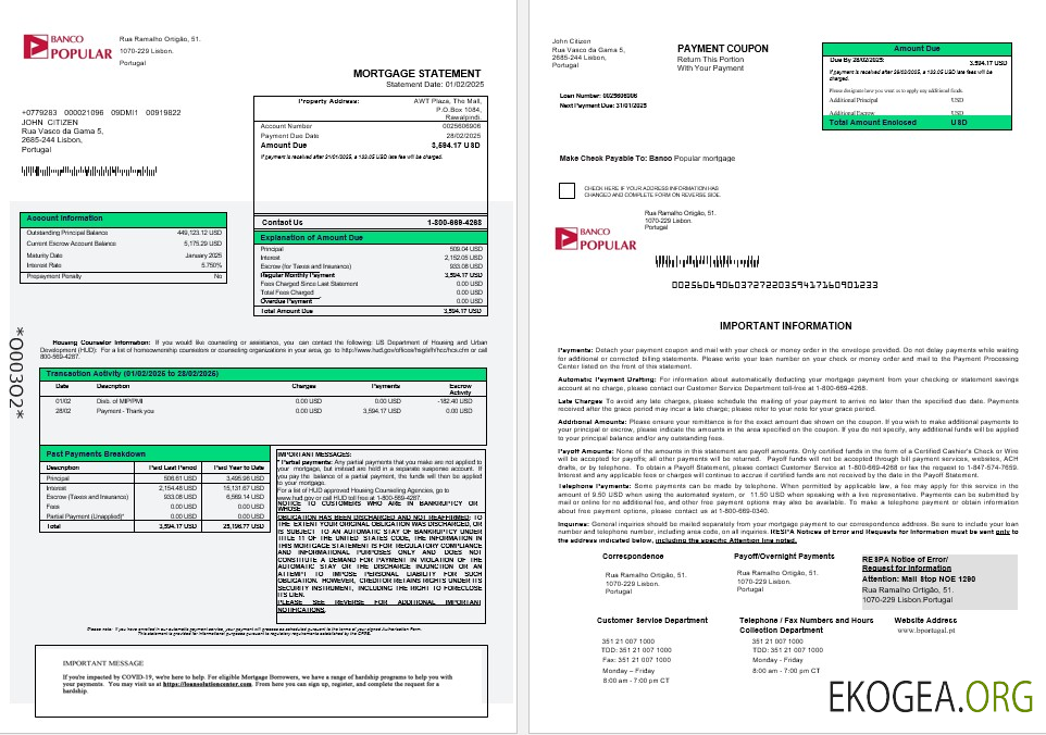 Portugal Banco Popular Relevé hypothécaire aux formats Word et PDF 1 , 2